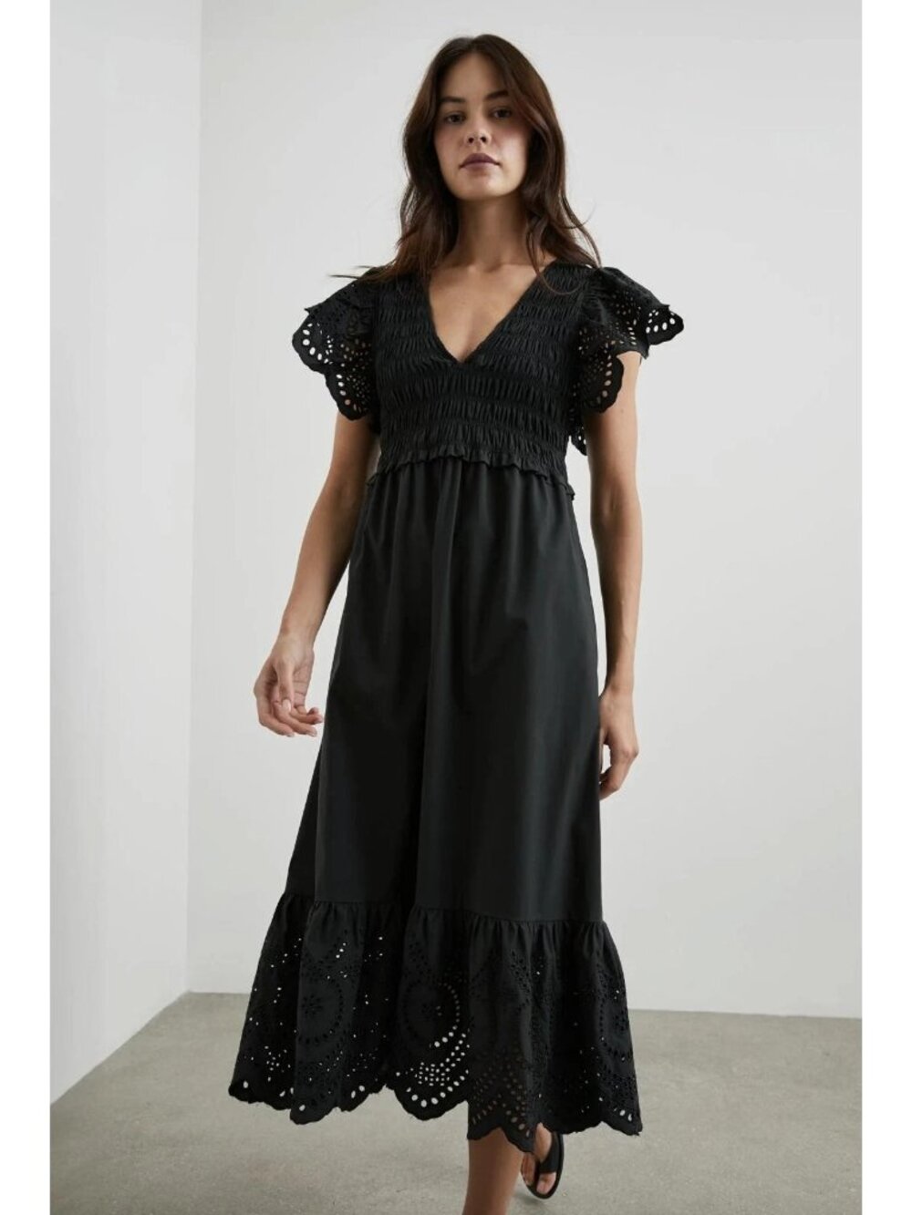 Rails Clementine Black Eyelet Midi Dress Tradwife Eyelet Lace Flutter Sleeves Sm